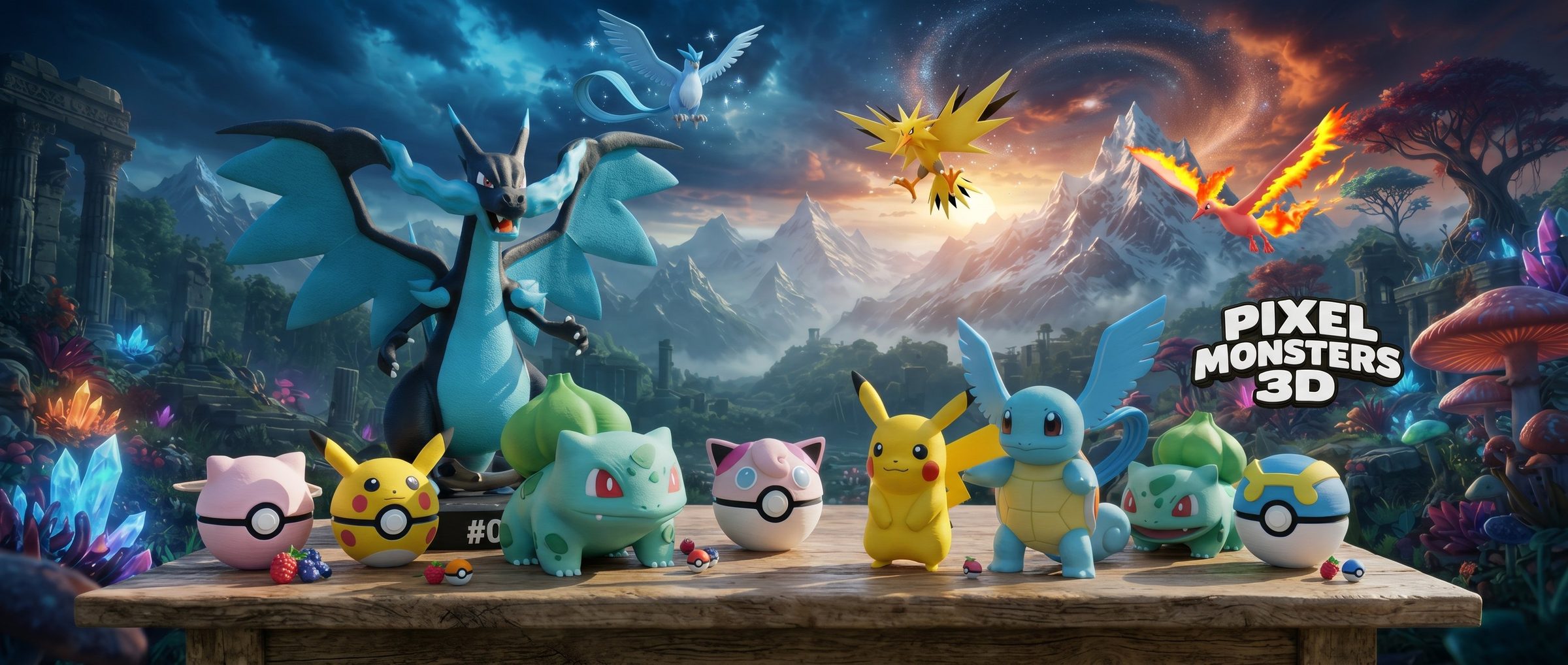 Banner de Pixel Monsters 3D: figuras de criaturas sobre una mesa de madera en un campo verde.